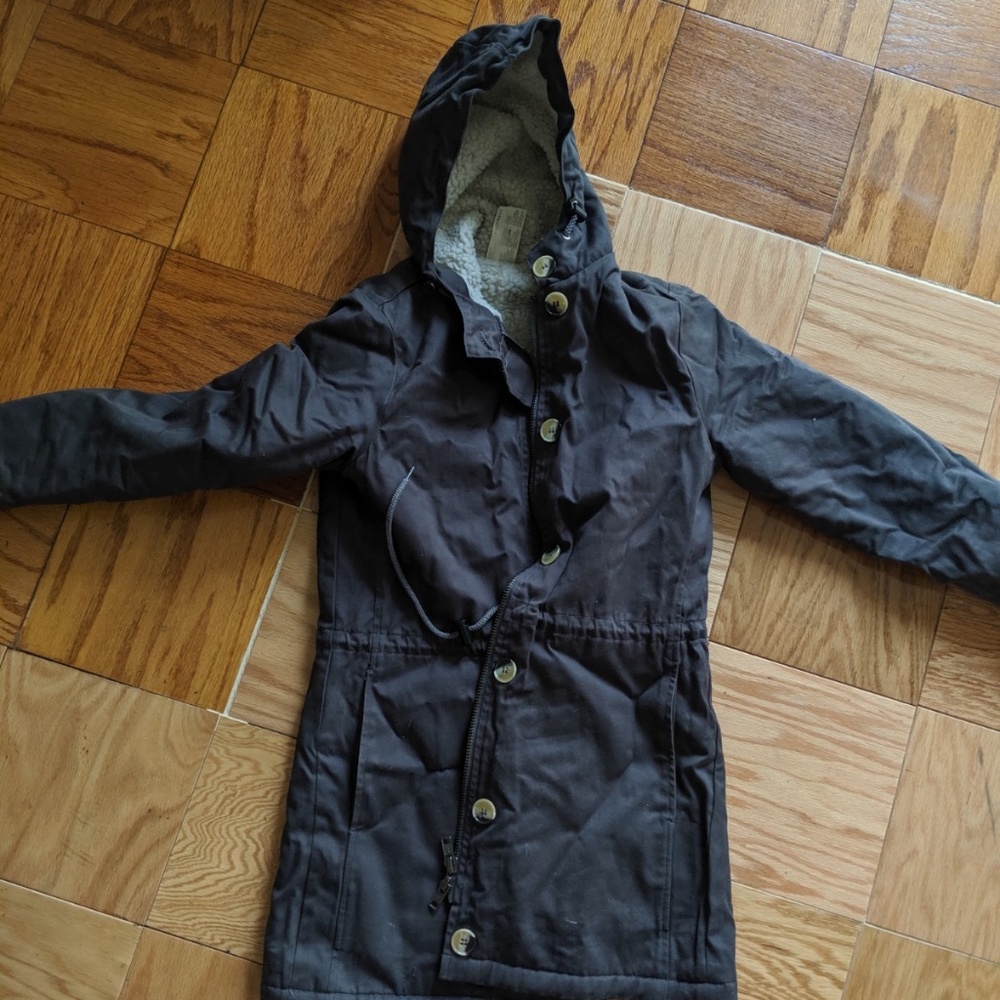 Heavy long dark blue coat with hood